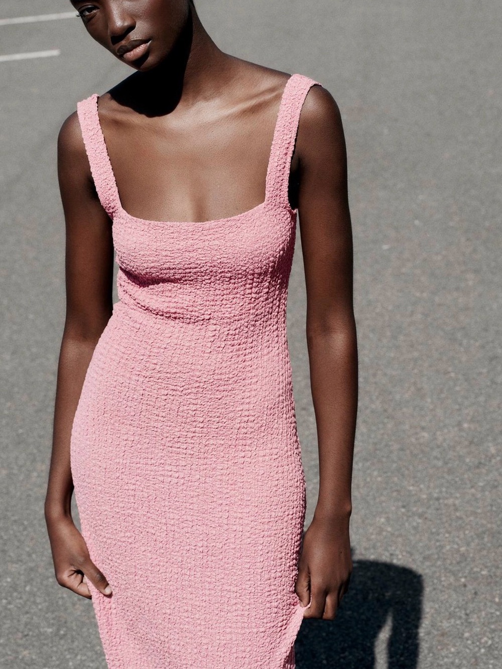 Zara Pink Textured Square-Neck Midi Dress